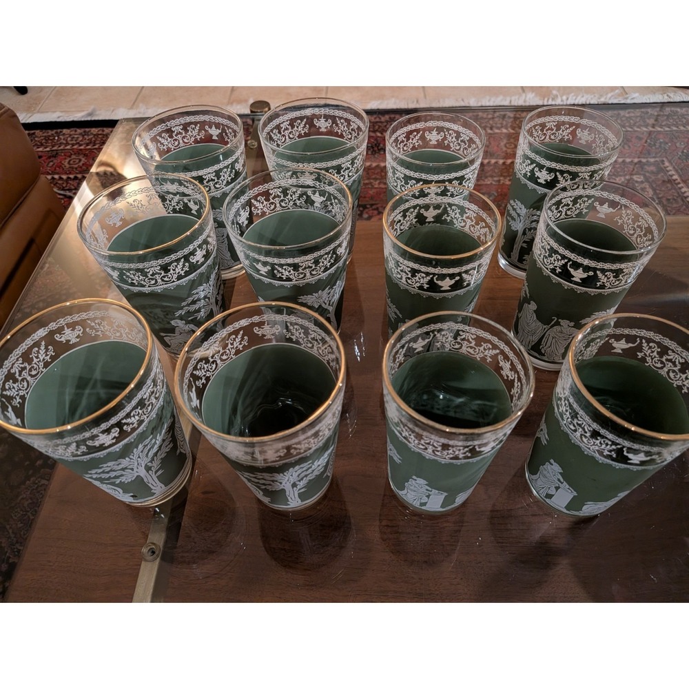 Lot Vintage Jeannette Hellenic Green Glasses Wedgwood Jasperware Style 6 sm 6 lg - Picture 3 of 13